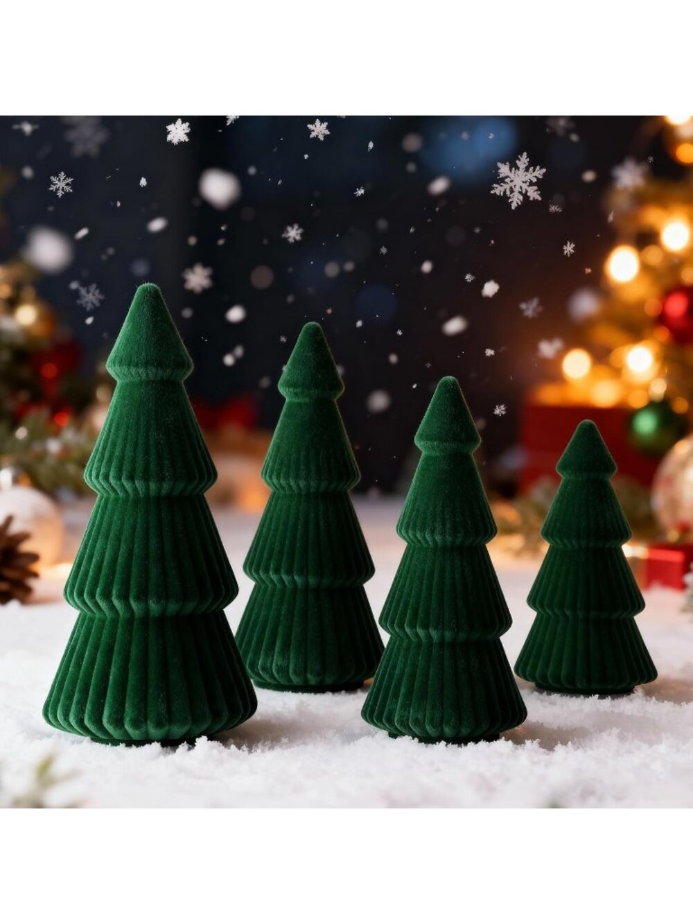 🎄4Pcs 6" 8" 10"Green Christmas Velvet Tree Figurine Decoration Xmas Tree Set